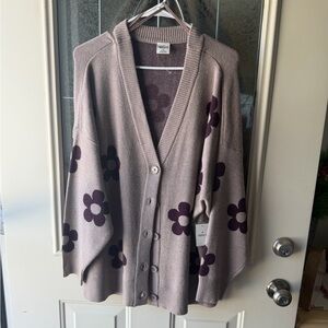 Floral Button-Up Cardigan Sweater - Purple and Tan